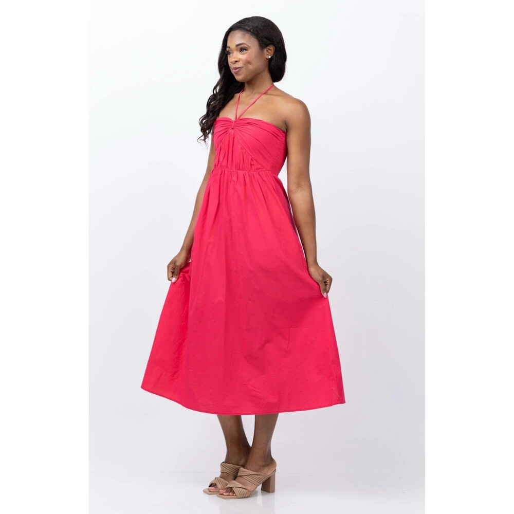 XiRENA Strapless Halter Midi Dress in Bright Pink